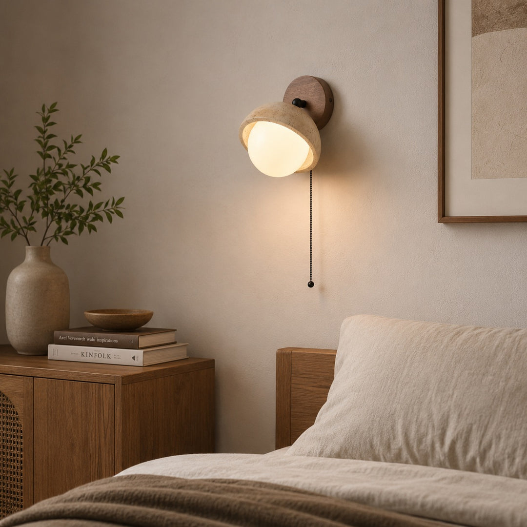 Modern Wall Sconce Lighting with Pull Chain Yellow Travertine and Glass LED Indoor Light