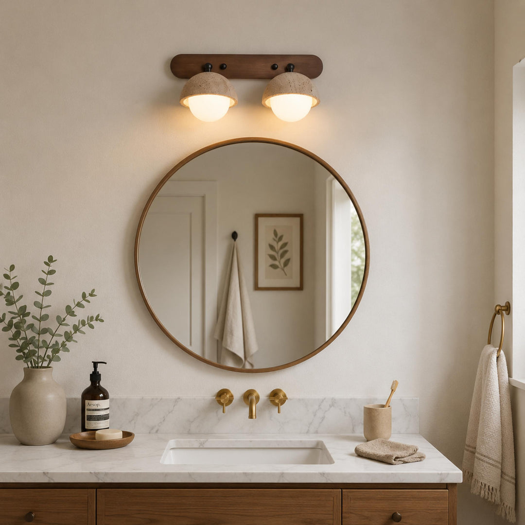 Modern Wall Sconce Lighting with Pull Chain Yellow Travertine and Glass LED Indoor Light