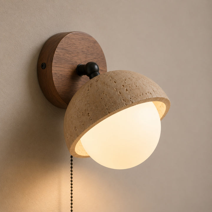 Modern Wall Sconce Lighting with Pull Chain Yellow Travertine and Glass LED Indoor Light