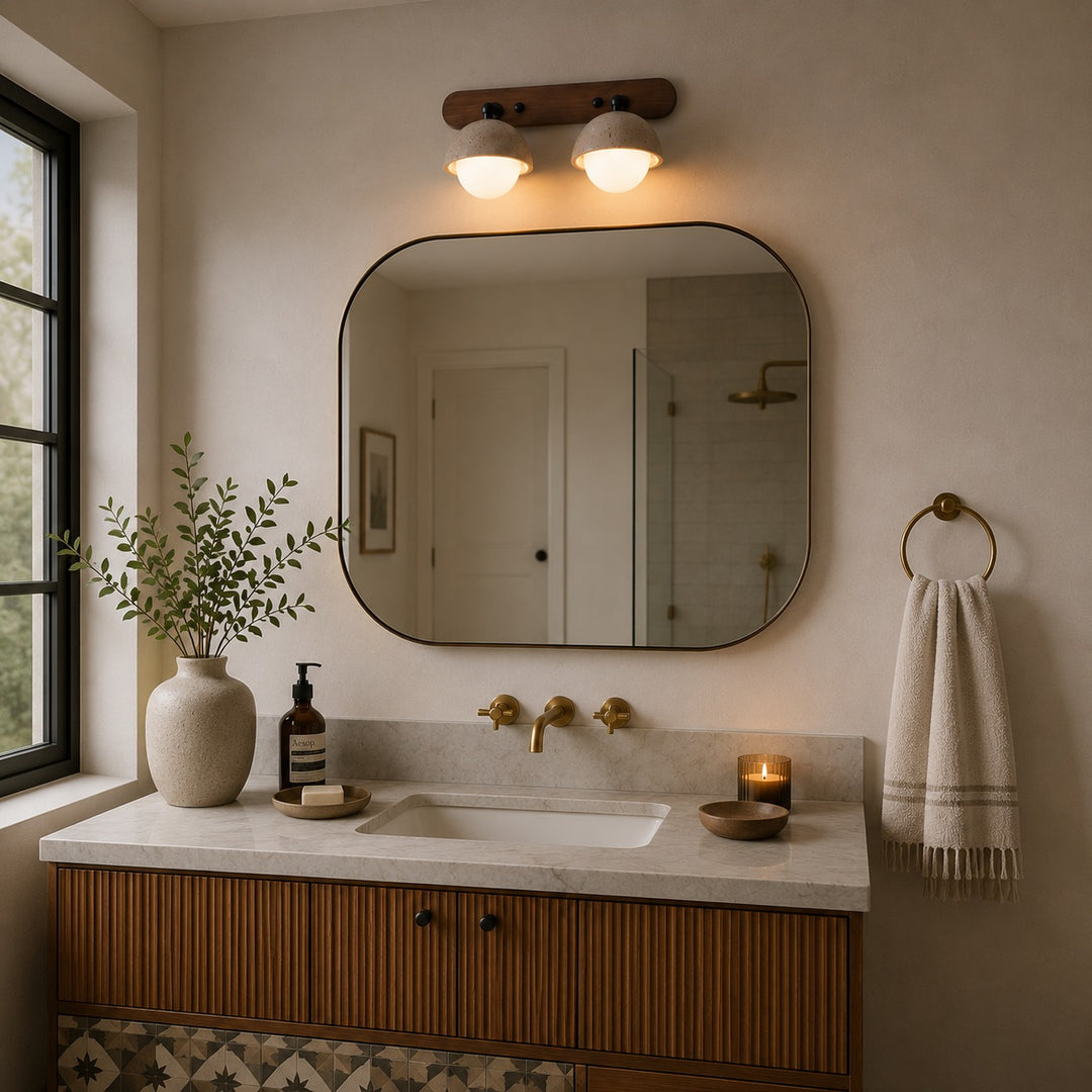 Modern Wall Sconce Lighting with Pull Chain Yellow Travertine and Glass LED Indoor Light