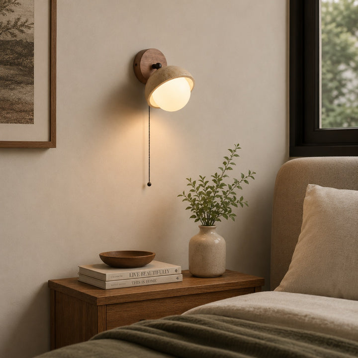 Modern Wall Sconce Lighting with Pull Chain Yellow Travertine and Glass LED Indoor Light