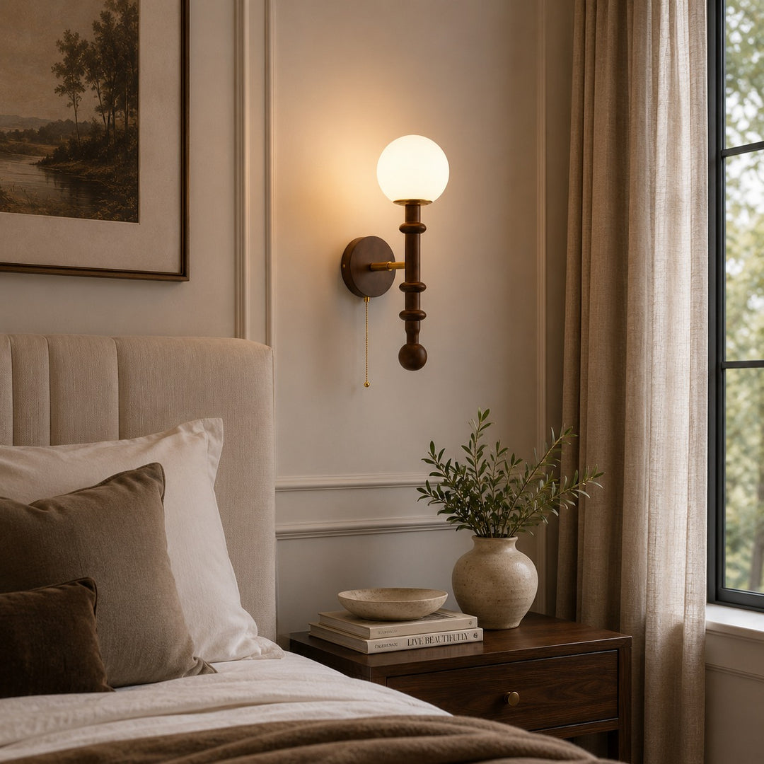 Modern Wall Sconce Wall Mounted Glass Shade Wood and Brass Adjustable LED Indoor Lighting