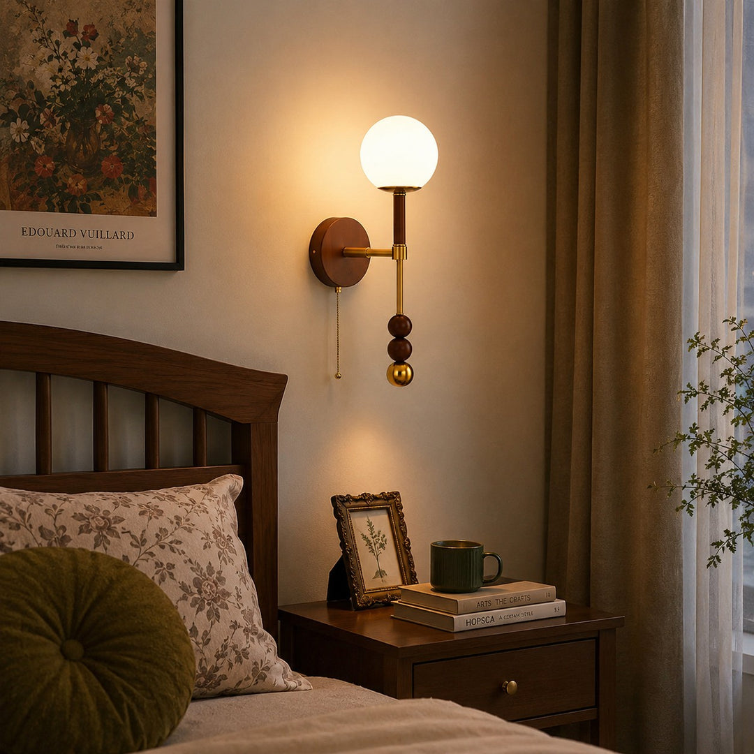 Modern Wall Sconce Wall Mounted Glass Shade Wood and Brass Adjustable LED Indoor Lighting