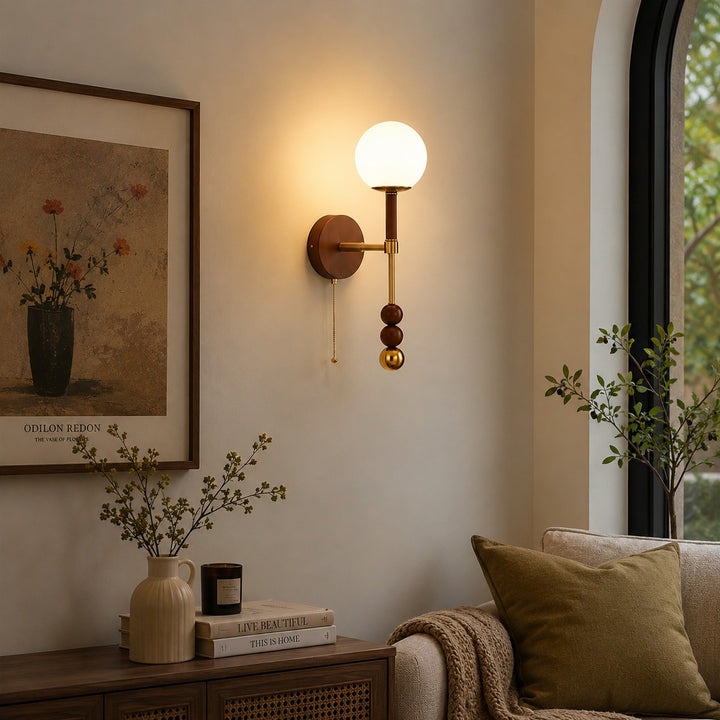Modern Wall Sconce Wall Mounted Glass Shade Wood and Brass Adjustable LED Indoor Lighting