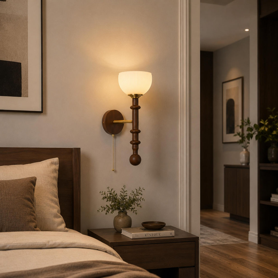 Modern Wall Sconce Wall Mounted Glass Shade Wood and Brass Adjustable LED Indoor Lighting