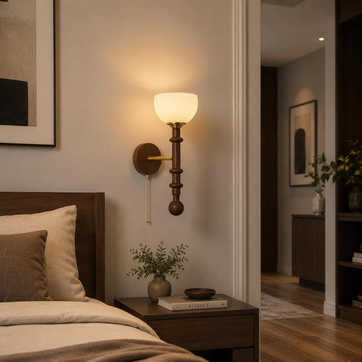 Modern Wall Sconce Wall Mounted Glass Shade Wood and Brass Adjustable LED Indoor Lighting