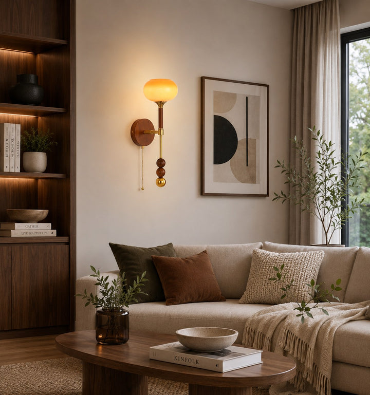 Modern Wall Sconce Wall Mounted Glass Shade Wood and Brass Adjustable LED Indoor Lighting