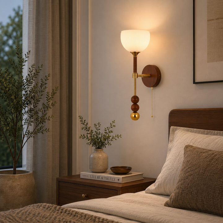 Modern Wall Sconce Wall Mounted Glass Shade Wood and Brass Adjustable LED Indoor Lighting