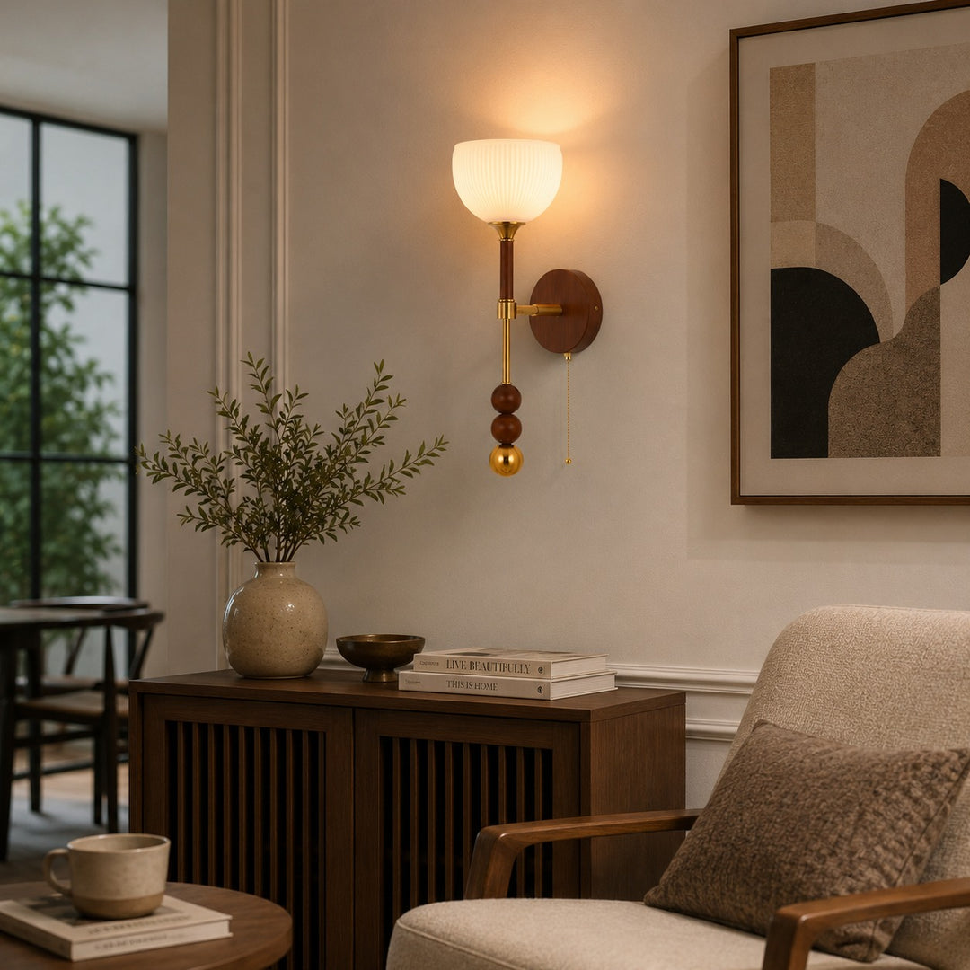 Modern Wall Sconce Wall Mounted Glass Shade Wood and Brass Adjustable LED Indoor Lighting