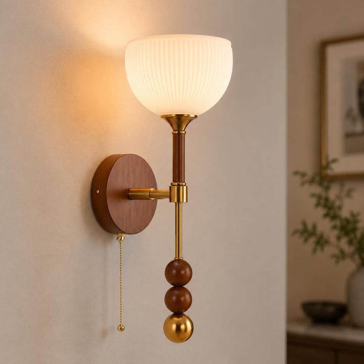 Modern Wall Sconce Wall Mounted Glass Shade Wood and Brass Adjustable LED Indoor Lighting