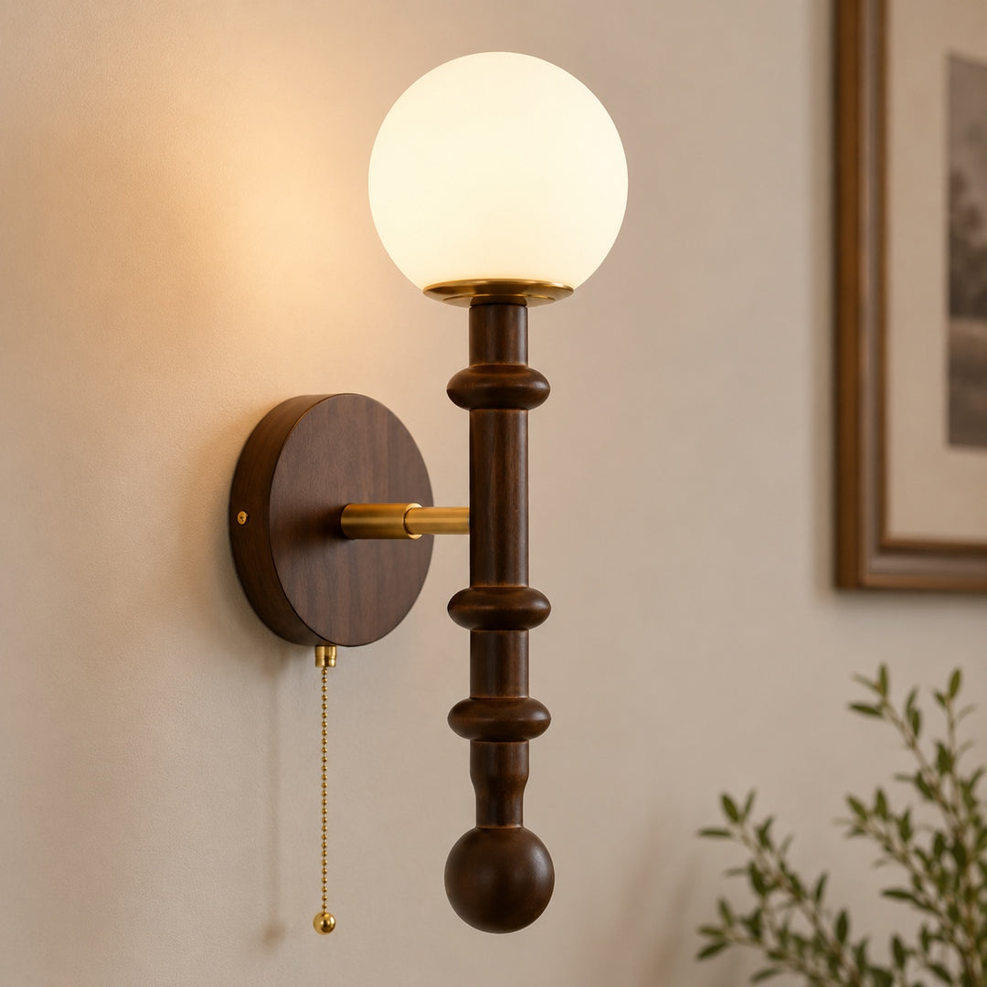 Modern Wall Sconce Wall Mounted Glass Shade Wood and Brass Adjustable LED Indoor Lighting