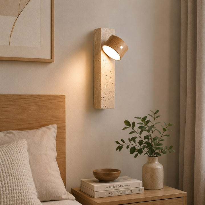 Modern Wood Wall Light Adjustable USB Powered LED with Yellow Travertine Base Indoor Sconce