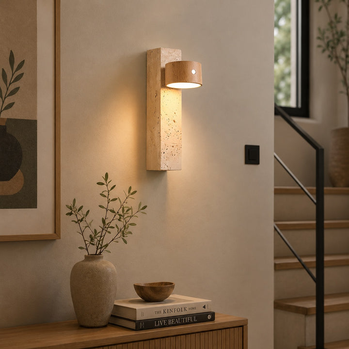 Modern Wood Wall Light Adjustable USB Powered LED with Yellow Travertine Base Indoor Sconce