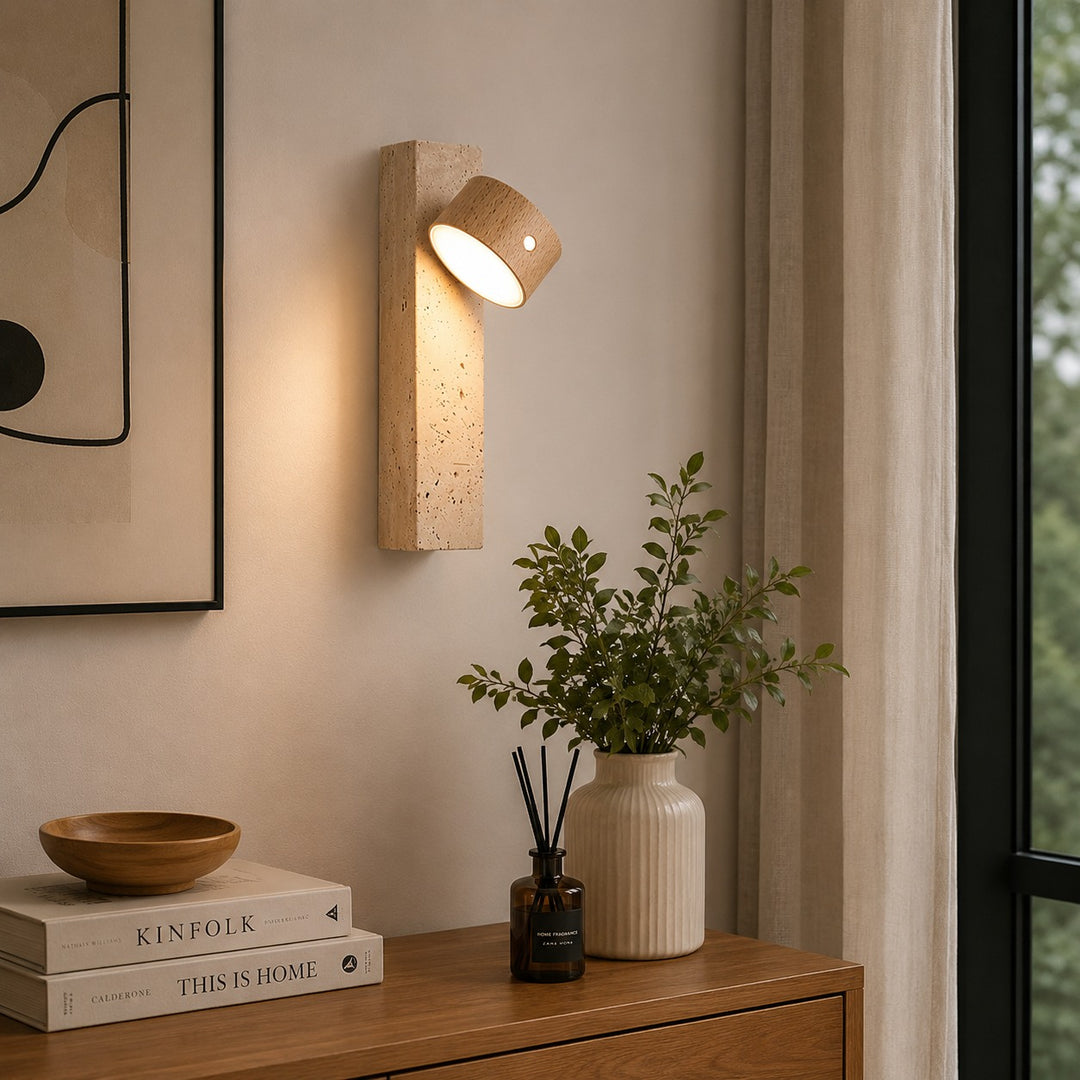 Modern Wood Wall Light Adjustable USB Powered LED with Yellow Travertine Base Indoor Sconce
