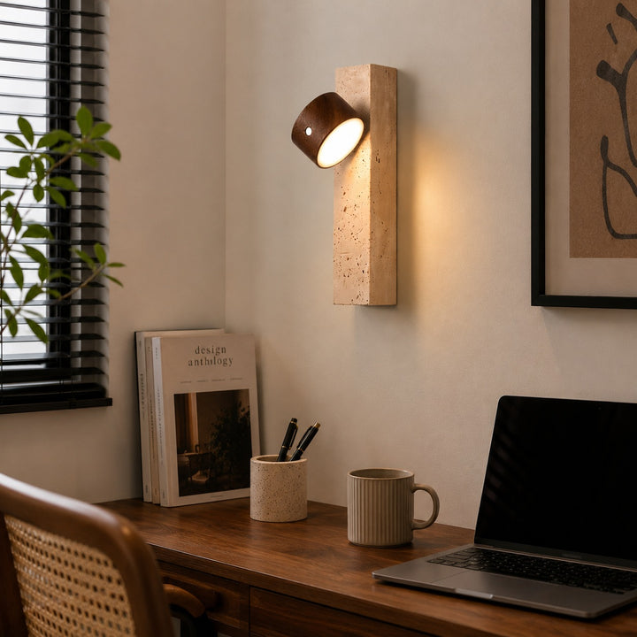 Modern Wood Wall Light Adjustable USB Powered LED with Yellow Travertine Base Indoor Sconce