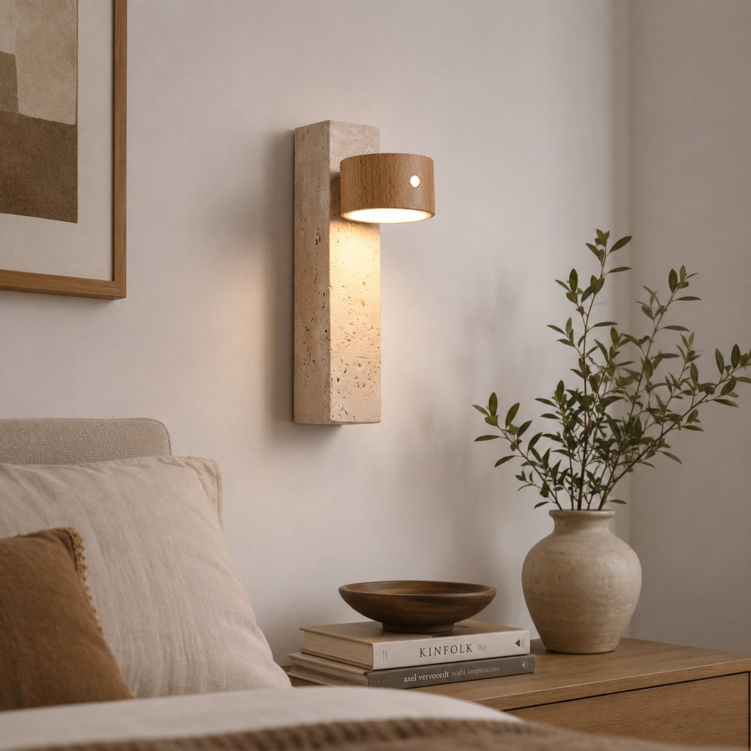 Modern Wood Wall Light Adjustable USB Powered LED with Yellow Travertine Base Indoor Sconce