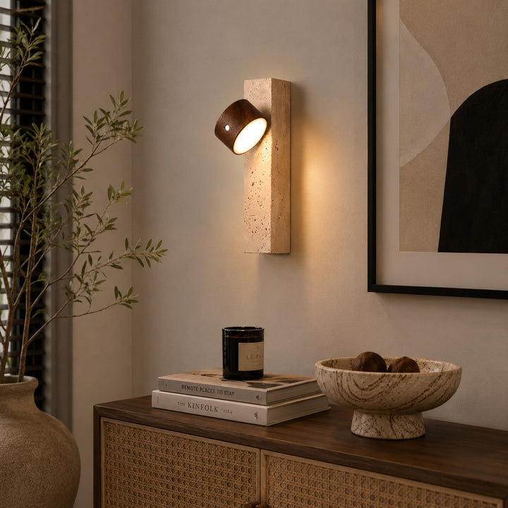 Modern Wood Wall Light Adjustable USB Powered LED with Yellow Travertine Base Indoor Sconce