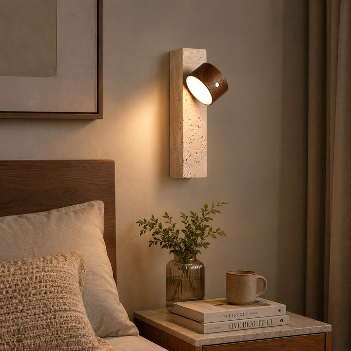 Modern Wood Wall Light Adjustable USB Powered LED with Yellow Travertine Base Indoor Sconce