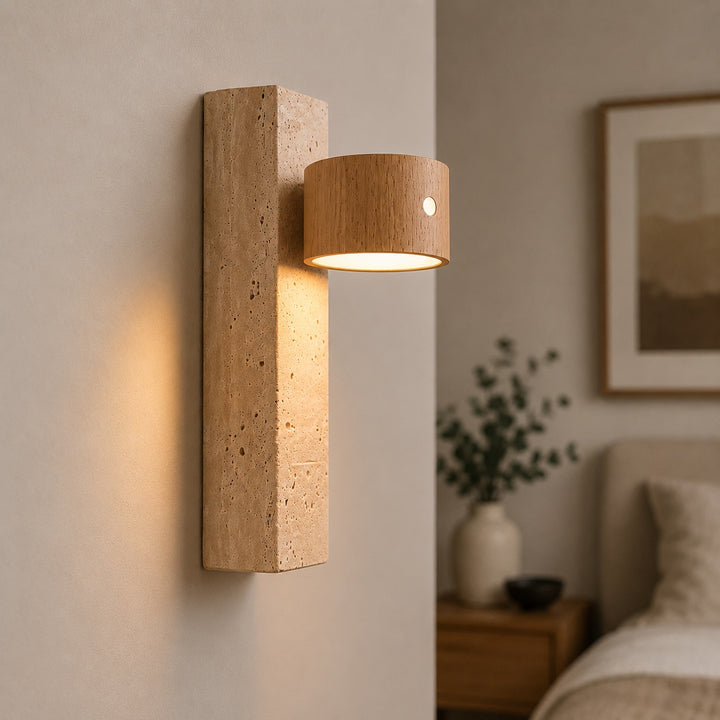 Modern Wood Wall Light Adjustable USB Powered LED with Yellow Travertine Base Indoor Sconce