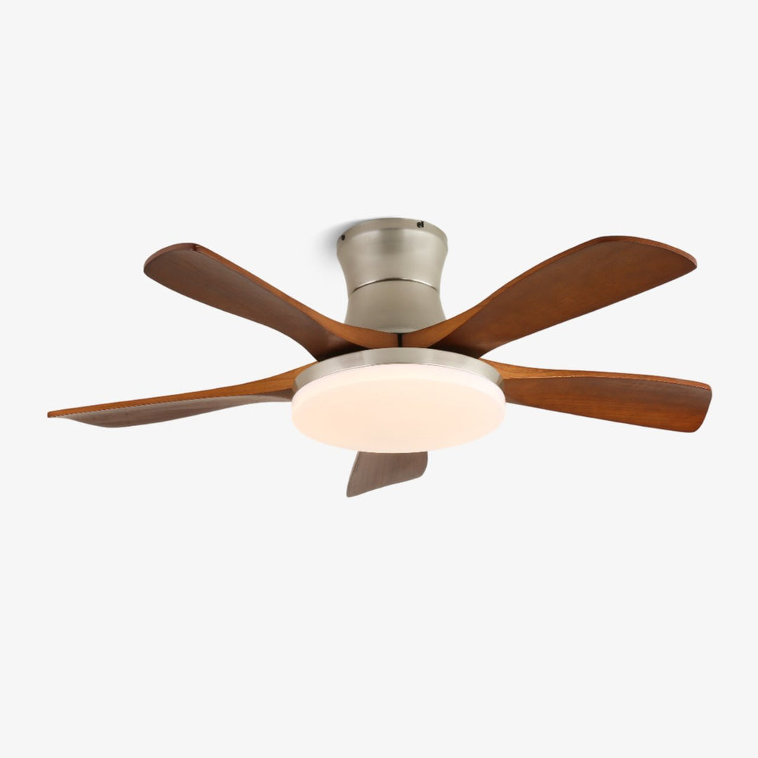 Modern Ceiling Fan with Lights Flush Mount Wooden Blades Integrated LED 6-Speed Control Indoor Use 0
