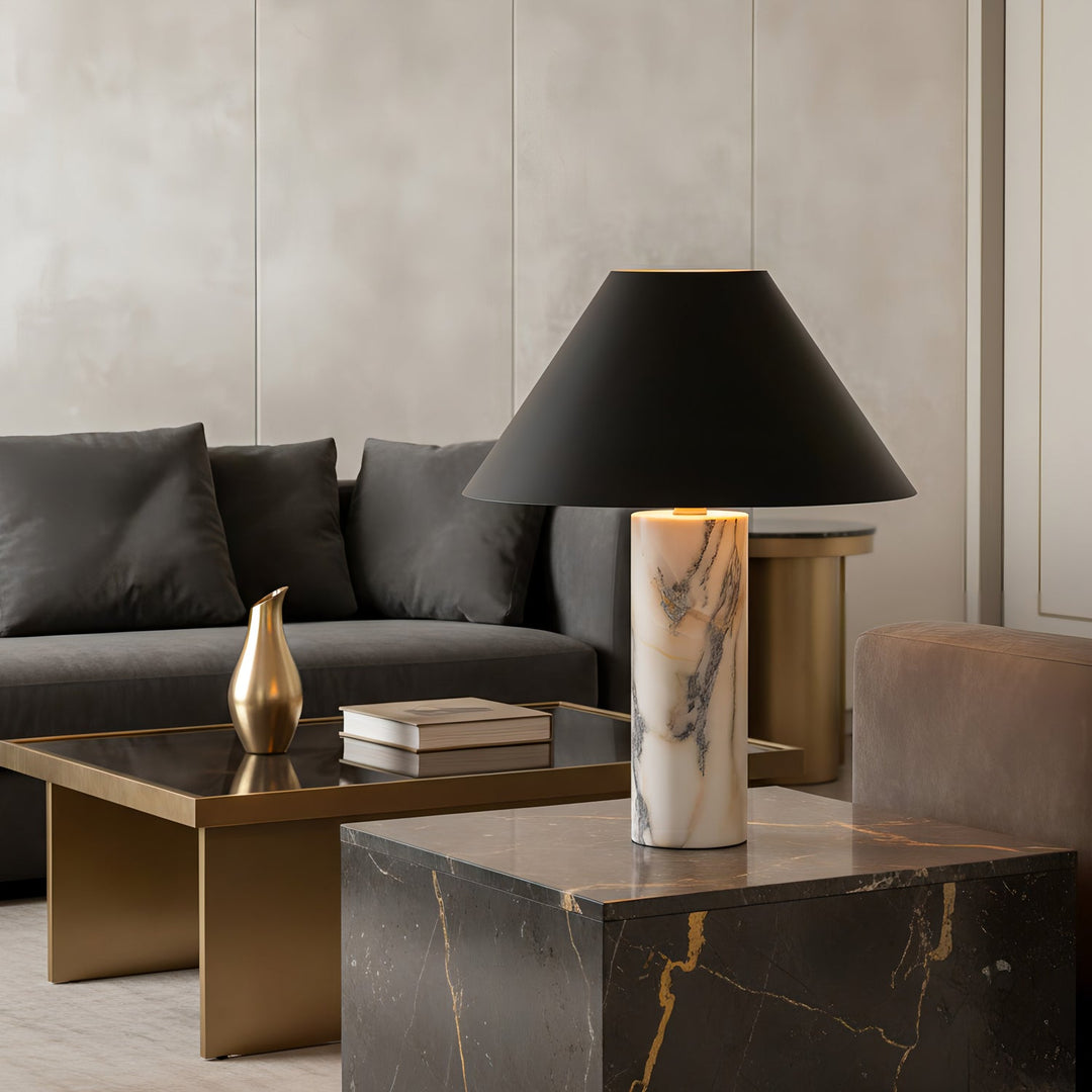 Modern Marble Table Lamp Adjustable Black Fabric Shade LED Compatible for Bedside or Desk 3