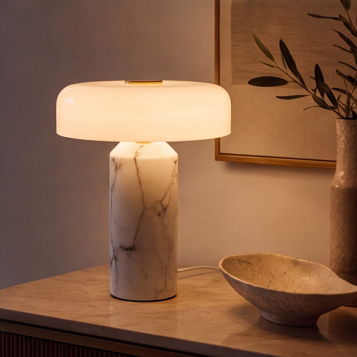 Modern Marble Table Lamp with Opaline Glass Shade and Integrated LED Touch Control