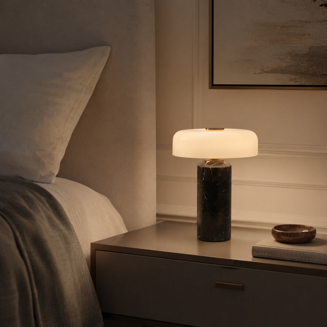 Modern Marble Table Lamp with Opaline Glass Shade and Integrated LED Touch Control