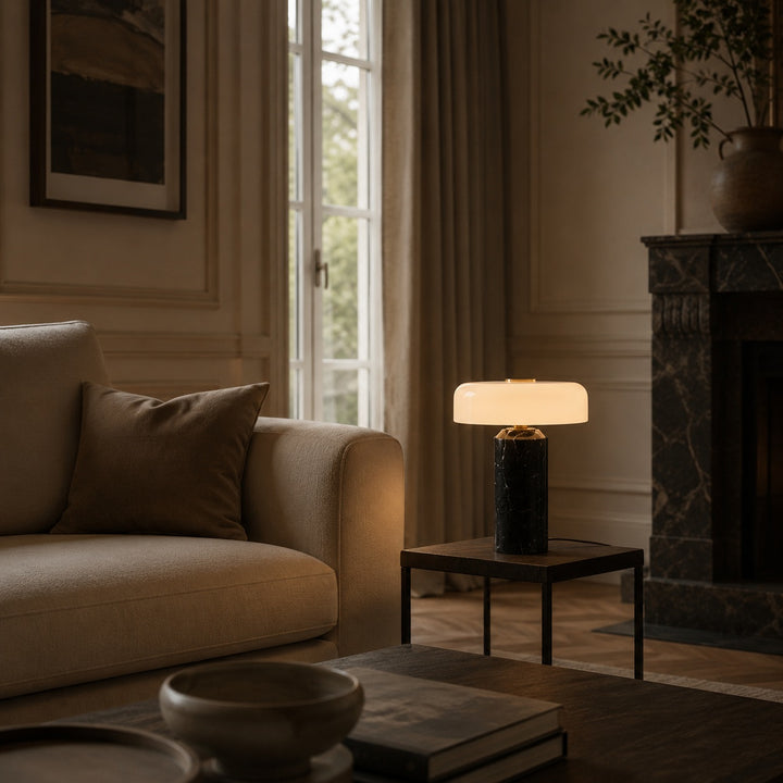 Modern Marble Table Lamp with Opaline Glass Shade and Integrated LED Touch Control