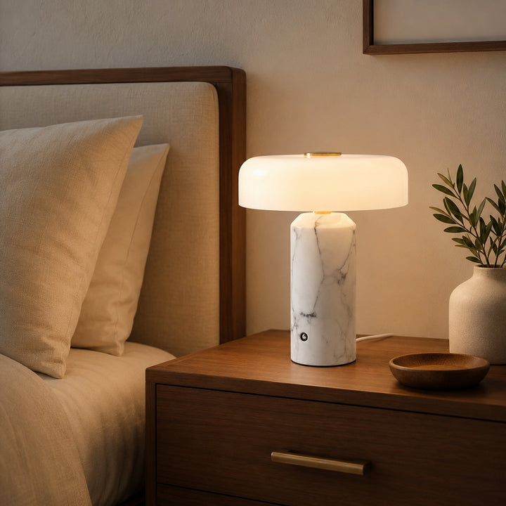 Modern Marble Table Lamp with Opaline Glass Shade and Integrated LED Touch Control