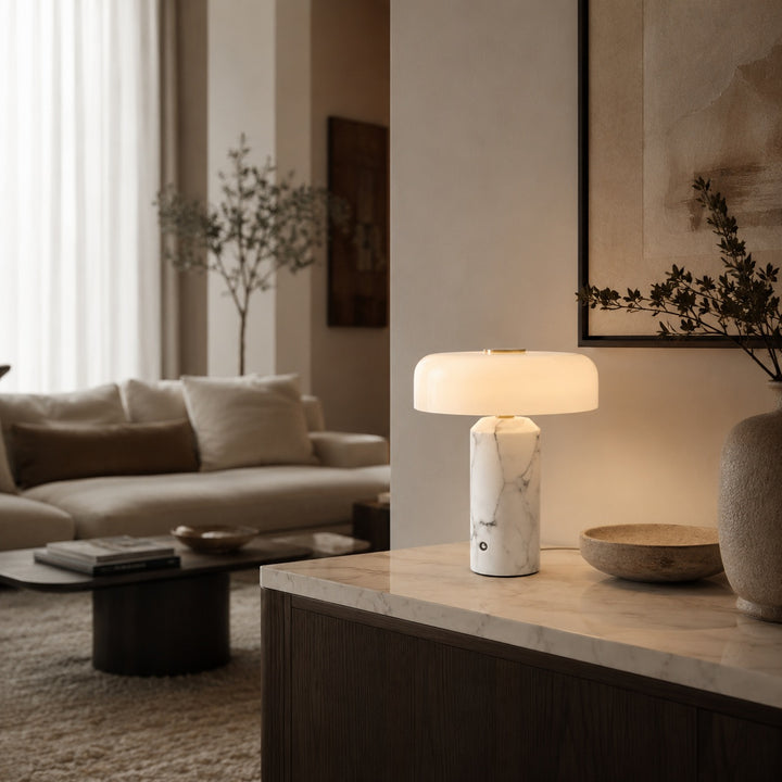 Modern Marble Table Lamp with Opaline Glass Shade and Integrated LED Touch Control