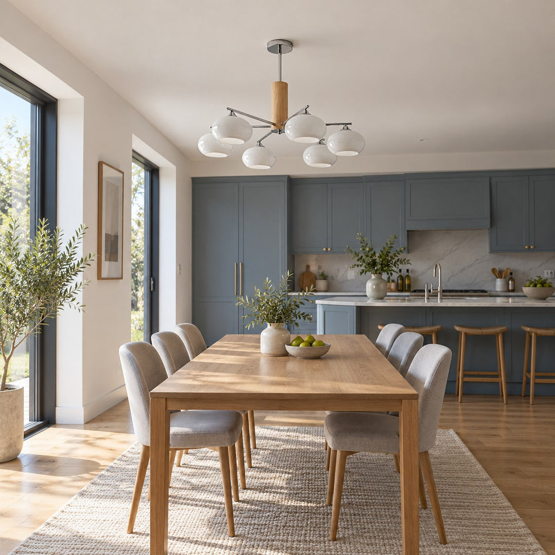 Midcentury Elliptical Chandelier Ceiling Light with Metal Frame and Glass Shade LED Compatible