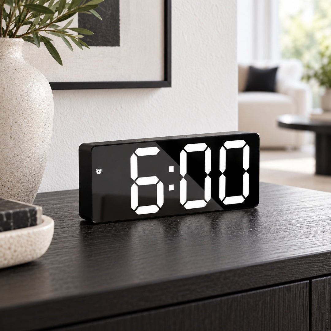 Modern Digital Alarm Clock with Curved Mirror Screen Adjustable LED Display and Temperature Feature