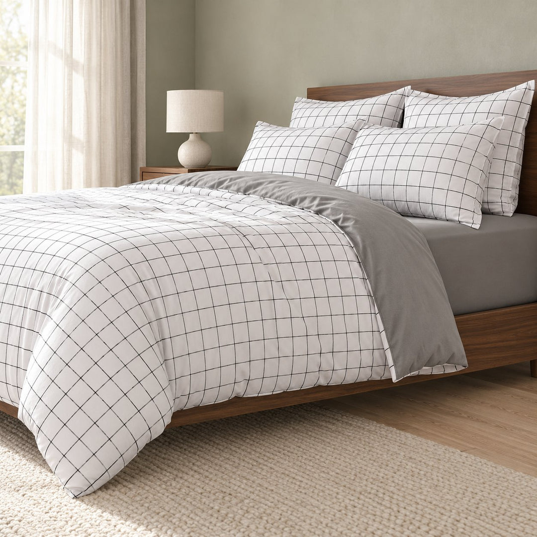 Modern Plain Grid Bedding Set Duvet Cover Flat Sheet Pillow Cases Polyester Fabric