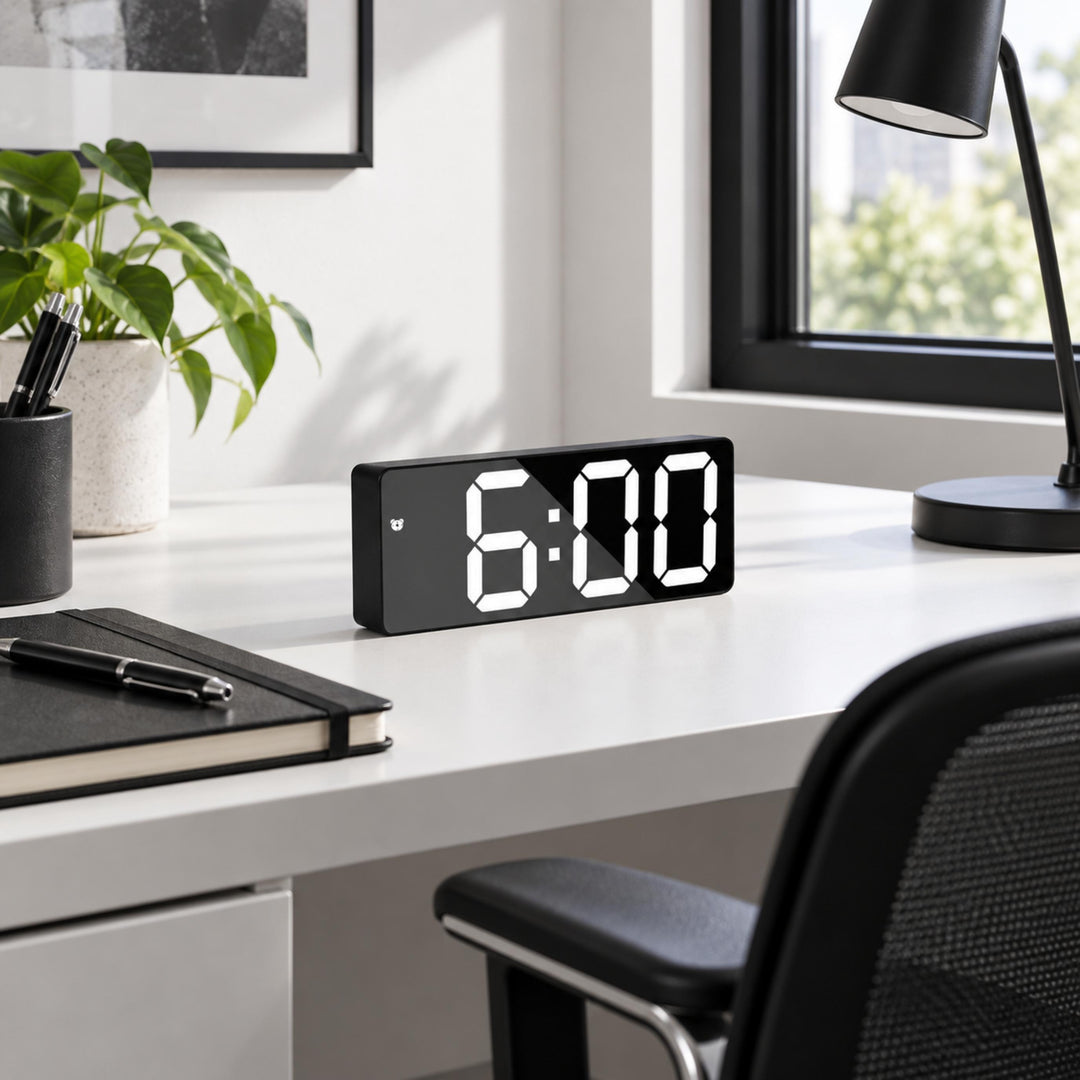 Modern Digital Alarm Clock with Curved Mirror Screen Adjustable LED Display and Temperature Feature