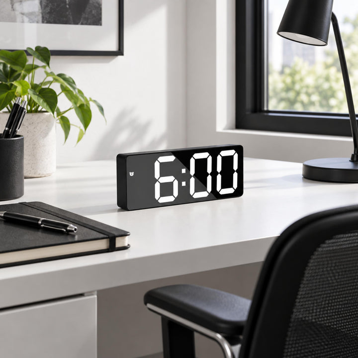 Modern Digital Alarm Clock with Curved Mirror Screen Adjustable LED Display and Temperature Feature