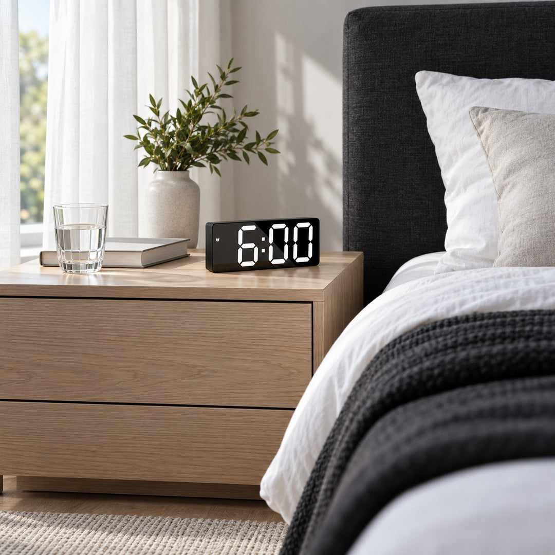 Modern Digital Alarm Clock with Curved Mirror Screen Adjustable LED Display and Temperature Feature