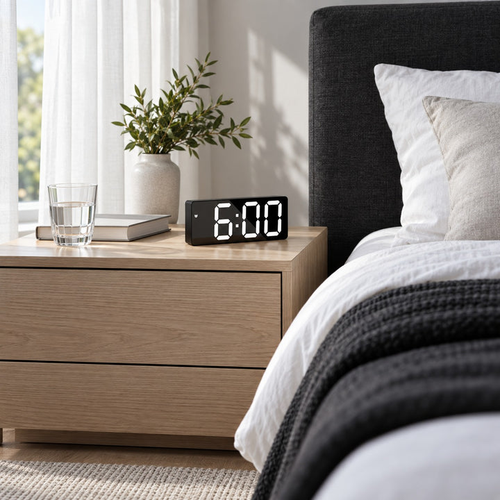 Modern Digital Alarm Clock with Curved Mirror Screen Adjustable LED Display and Temperature Feature