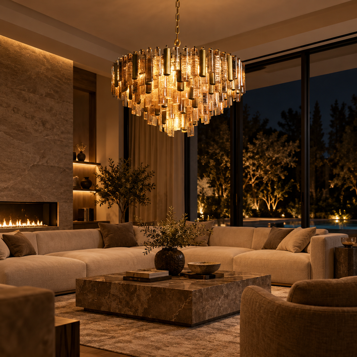 Modern Round Chandelier Hanging Light Fixture in Metal and Glass with 13 E12 Sockets