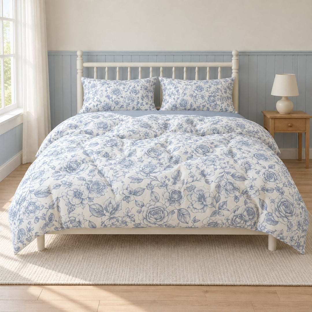 Vintage Floral Print Duvet Cover Set with Flat Sheet and Pillow Cases in Soft Polyester