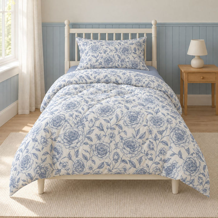 Vintage Floral Print Duvet Cover Set with Flat Sheet and Pillow Cases in Soft Polyester