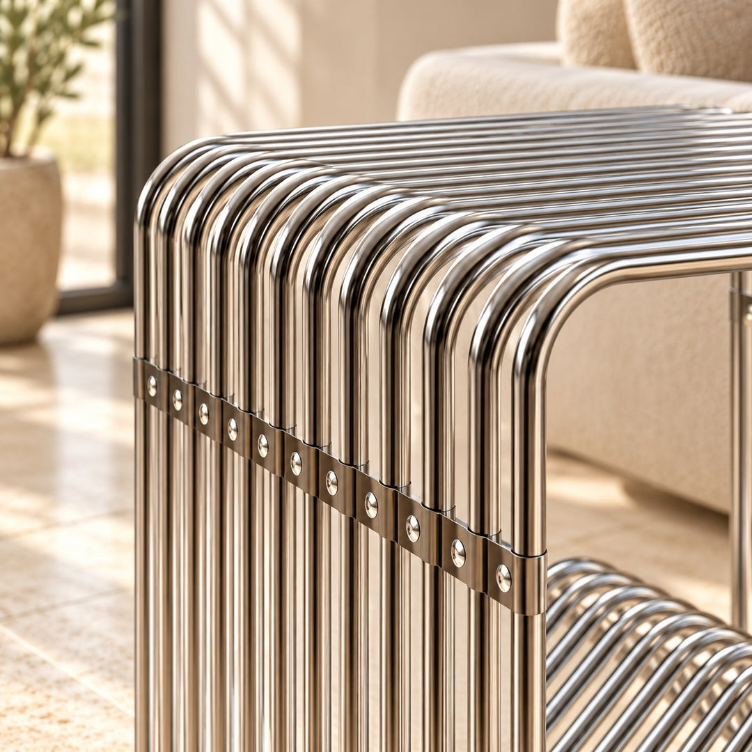 Modern Stainless Steel Side Table with Magazine Holder Space-Saving Design for Living Room and Bedroom