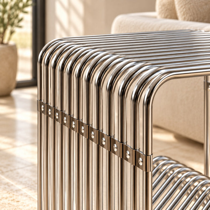 Modern Stainless Steel Side Table with Magazine Holder Space-Saving Design for Living Room and Bedroom