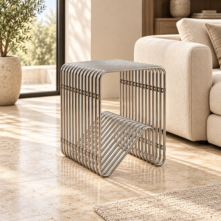 Modern Stainless Steel Side Table with Magazine Holder Space-Saving Design for Living Room and Bedroom