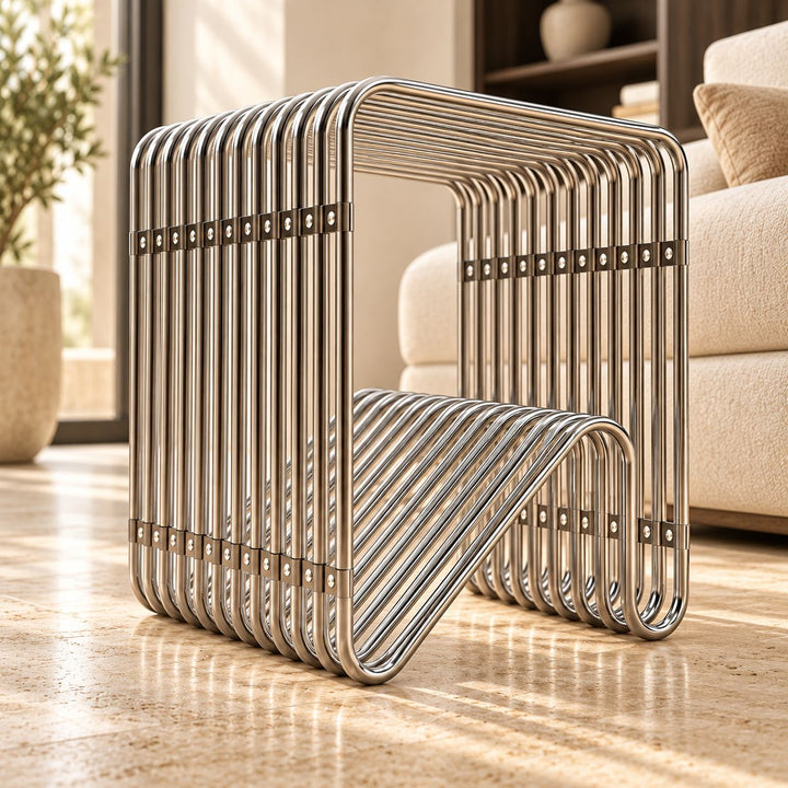 Modern Stainless Steel Side Table with Magazine Holder Space-Saving Design for Living Room and Bedroom