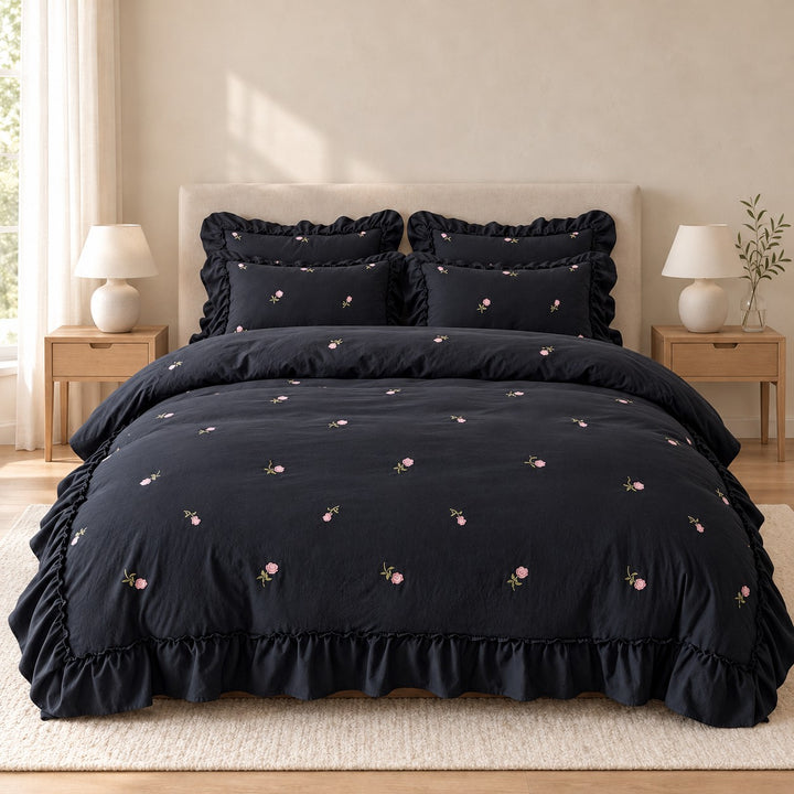 Floral Duvet Cover Set with Ruffled Pillowcases Soft Polyester for Coquette Bedroom Decor