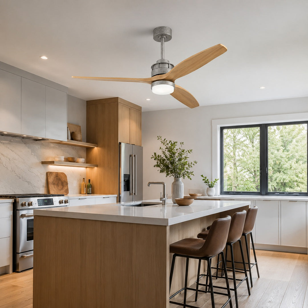 Nordic Style Ceiling Fan with Lights Flush Mount Wooden Blades LED Dimmable Remote Control