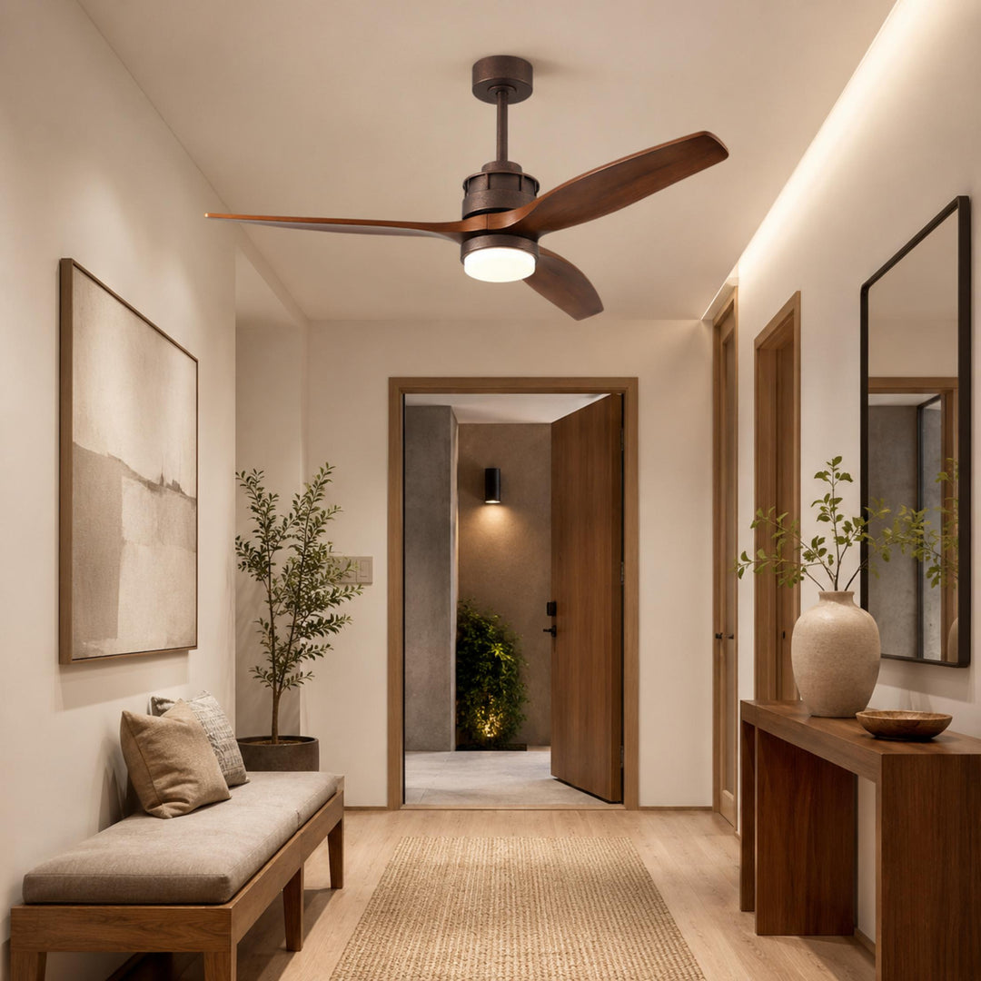 Nordic Style Ceiling Fan with Lights Flush Mount Wooden Blades LED Dimmable Remote Control