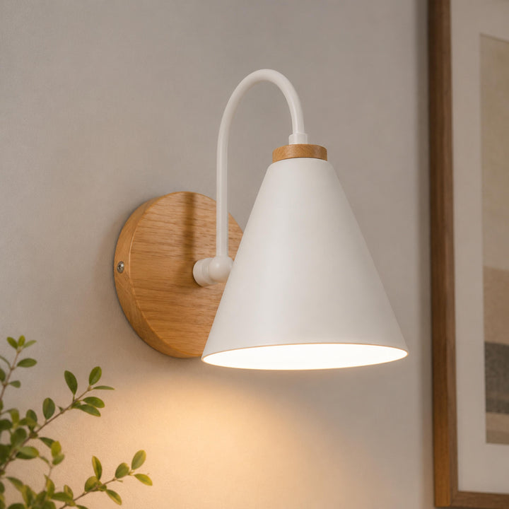 Nordic Wall Light Wall Mounted Iron Shade with Wooden Backplate Dimmable for Indoor Use