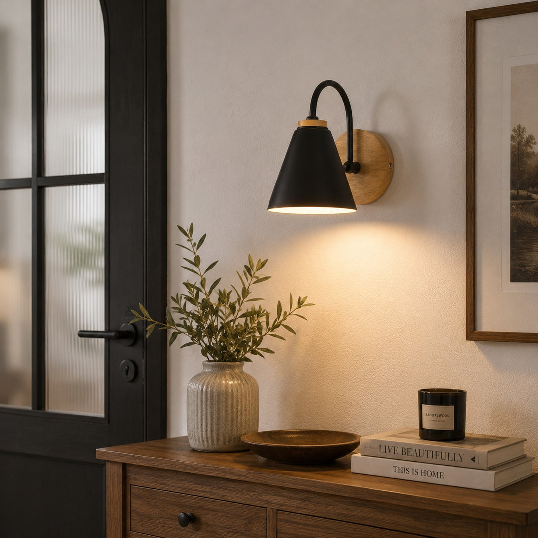 Nordic Wall Light Wall Mounted Iron Shade with Wooden Backplate Dimmable for Indoor Use