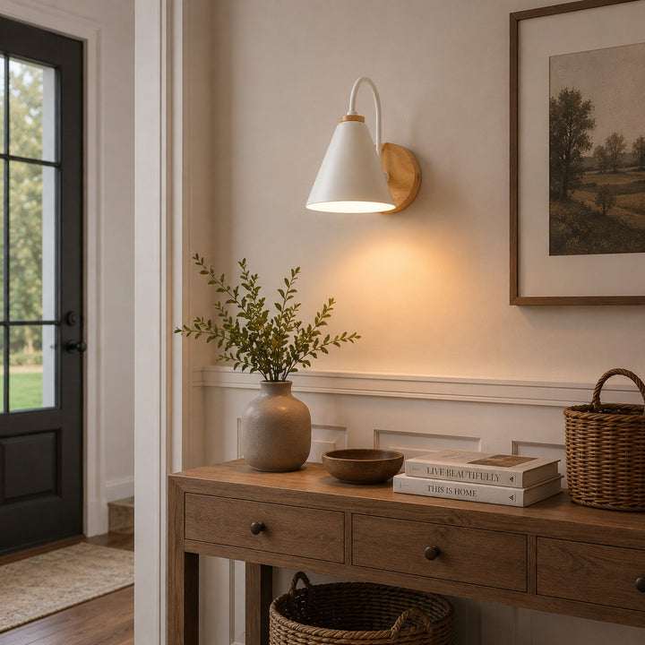 Nordic Wall Light Wall Mounted Iron Shade with Wooden Backplate Dimmable for Indoor Use